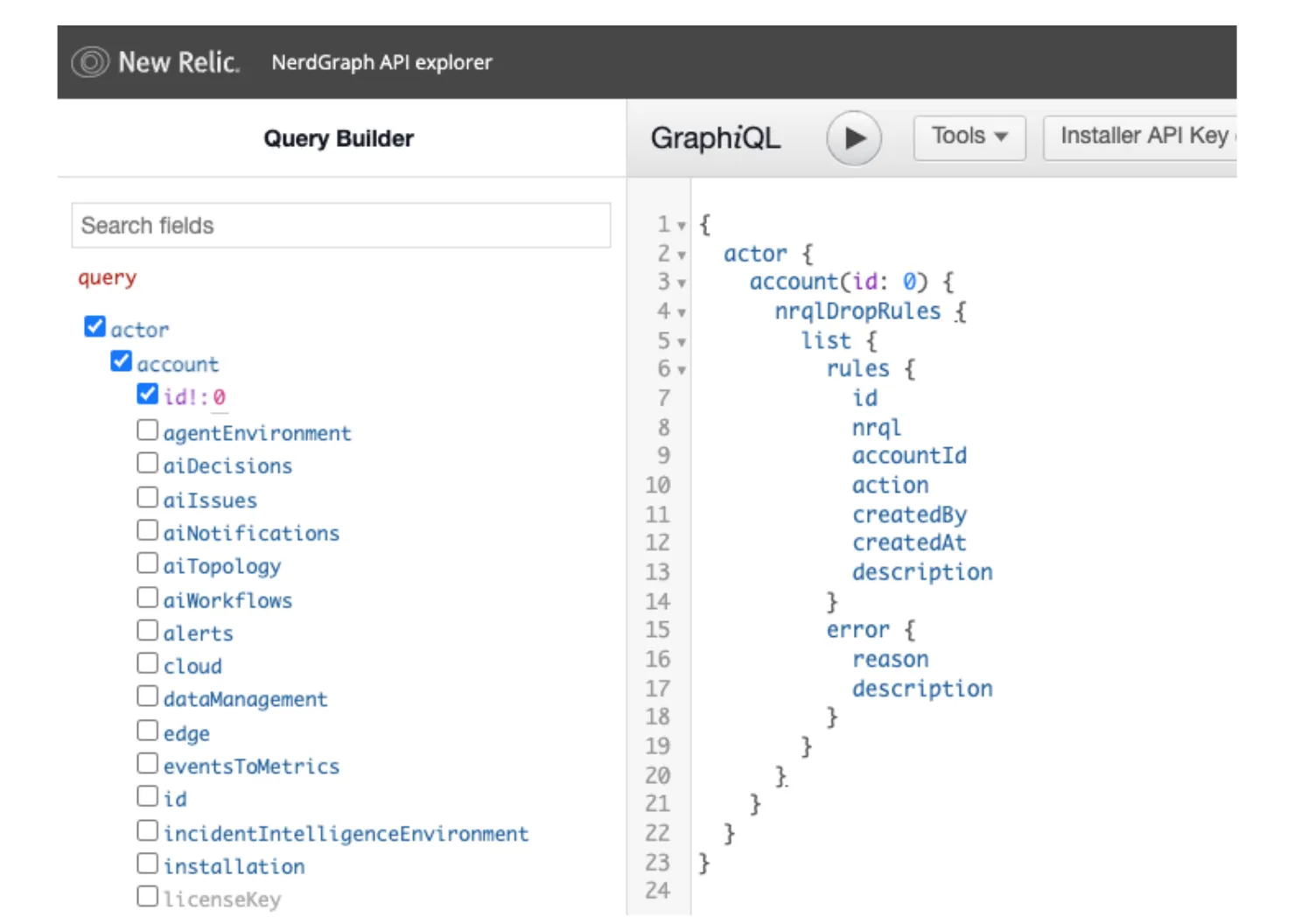 New Relic NerdGraph 콘솔 일부